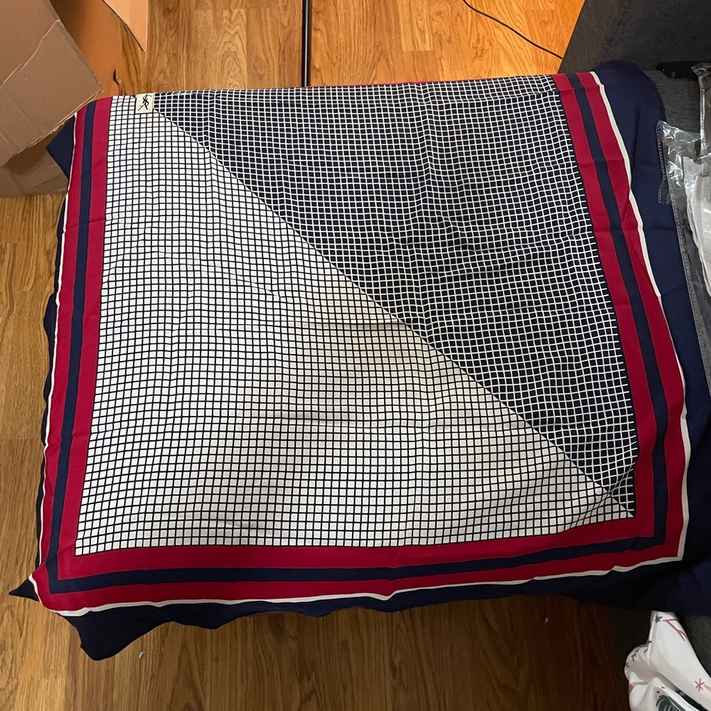 Yves Saint Laurent Red and Navy Geometric Scarf - Picture 2 of 8